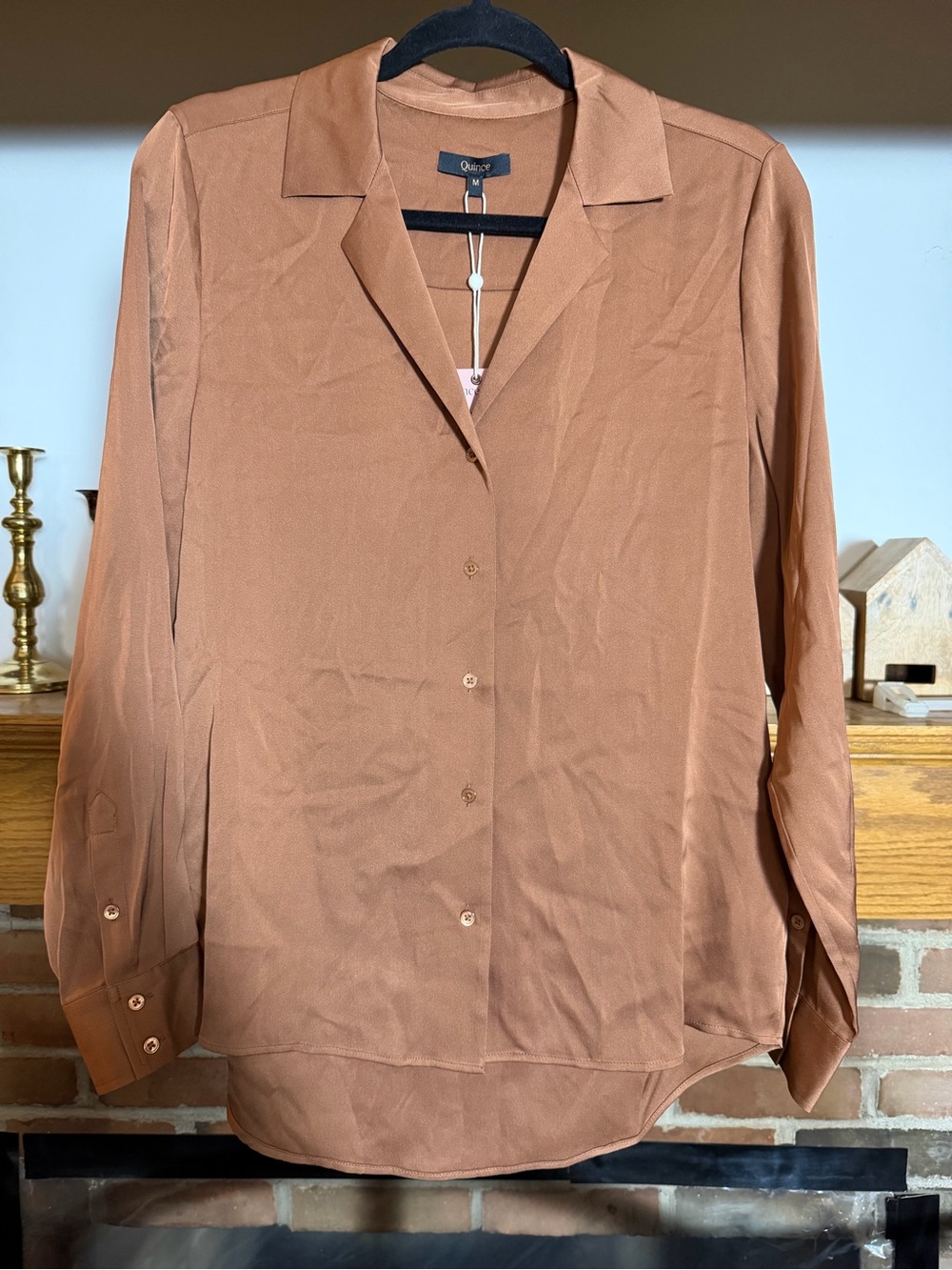 NWT Quince Washable Stretch Mulberry Silk Notch Collar Blouse Brown M - Picture 2 of 5